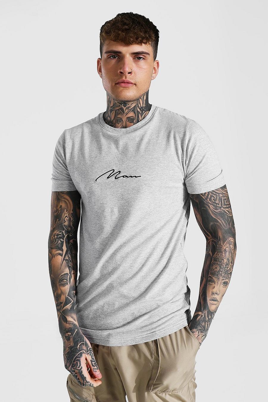 Longline Muscle Fit T-Shirt mit Man-Schriftzug, Grau meliert image number 1