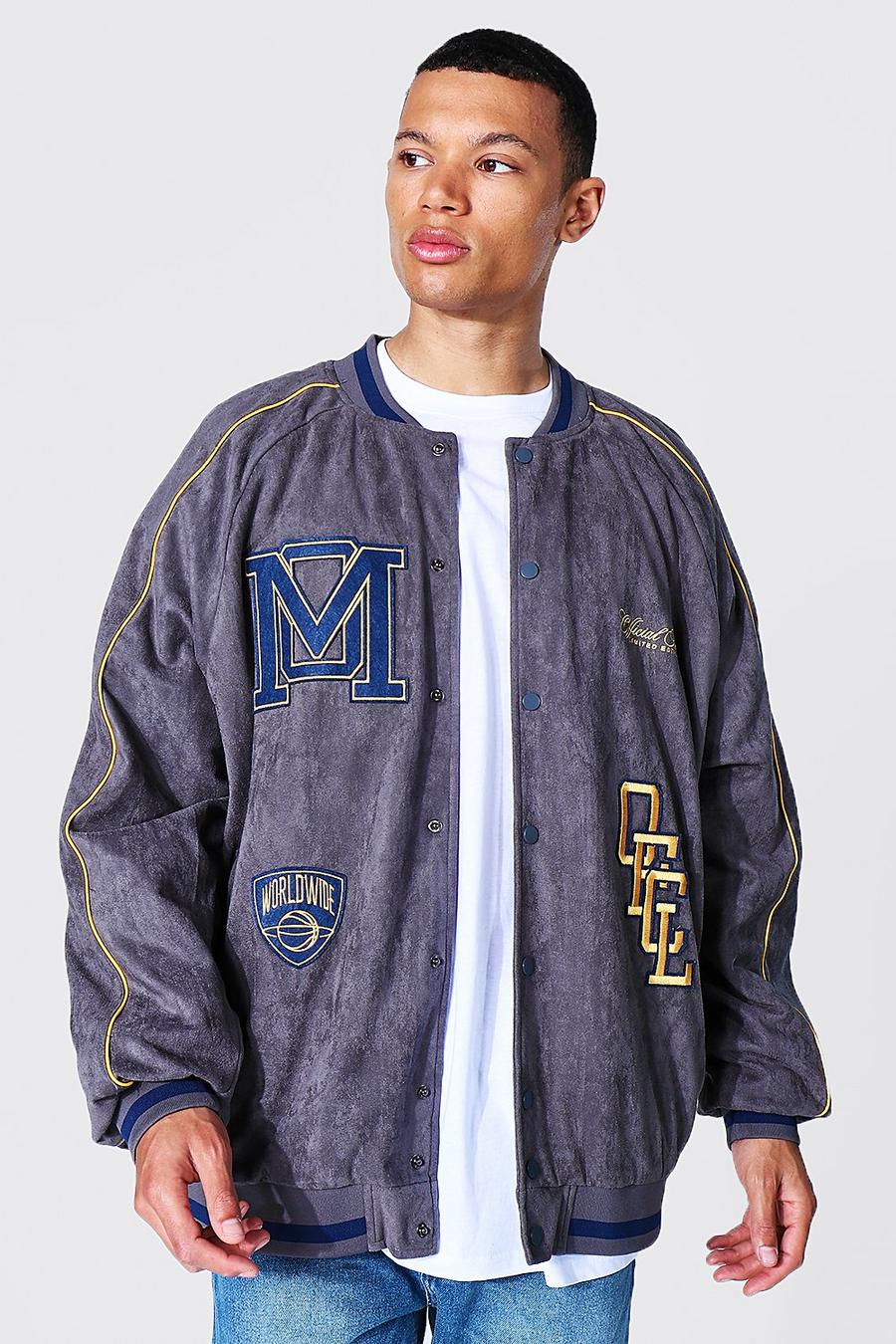 Charcoal Tall Suedette Varsity Jacket With Piping image number 1
