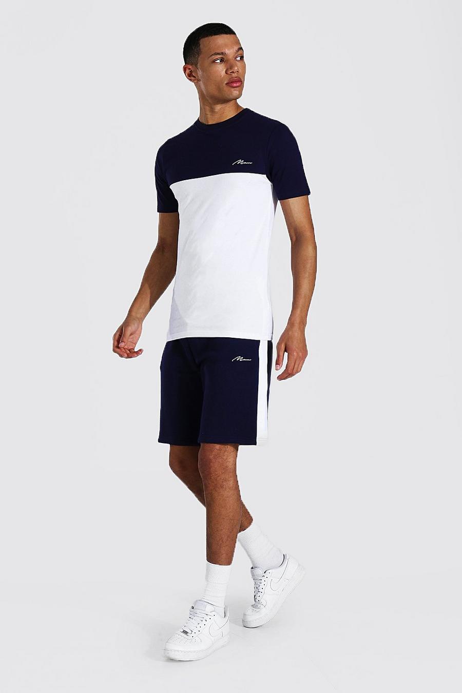 Navy Tall Muscle Fit Colour Block T-shirt & Shorts image number 1