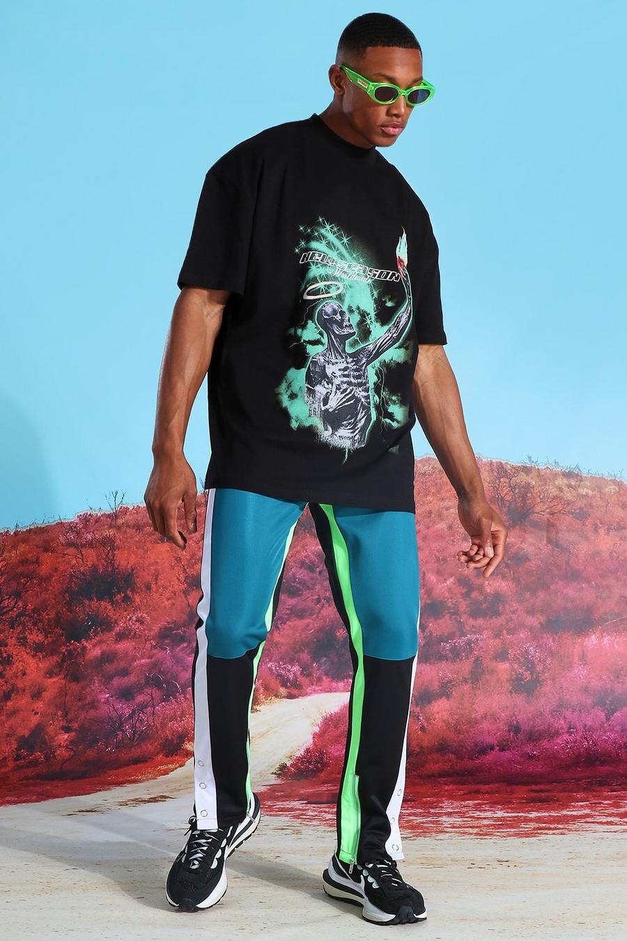 Black Oversized T-Shirt En Tricot Joggingbroek Set Met Opdruk image number 1