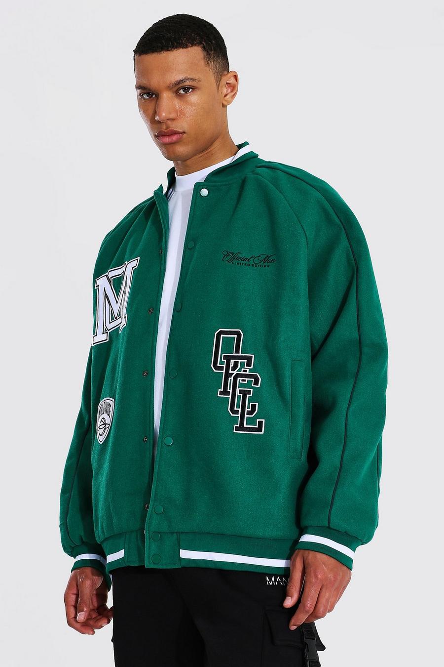 Green Tall Roll Collar Varsity Jacket With Piping image number 1