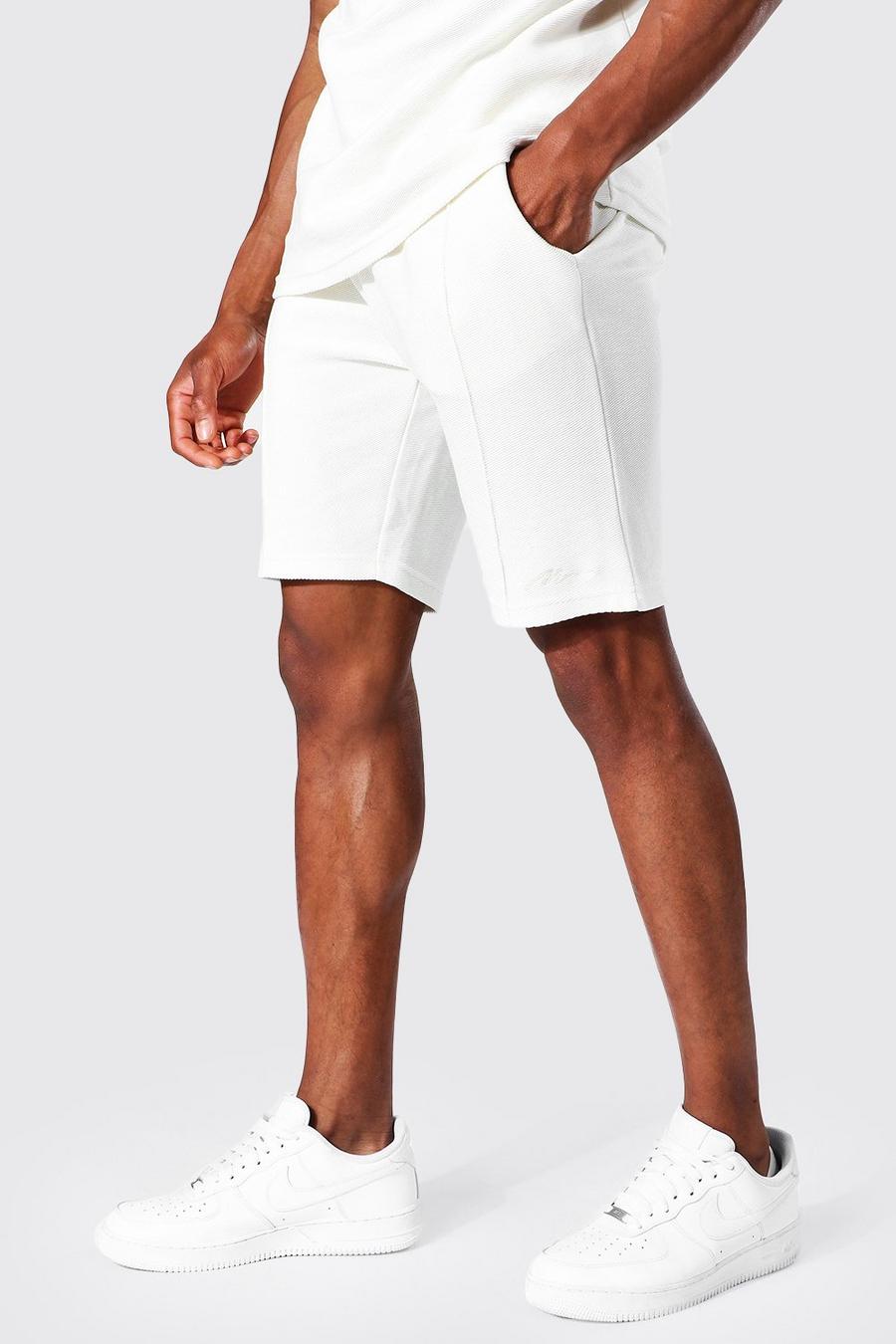 Ecru Man Signature Slim Fit Keperstof Shorts Met Biezen image number 1
