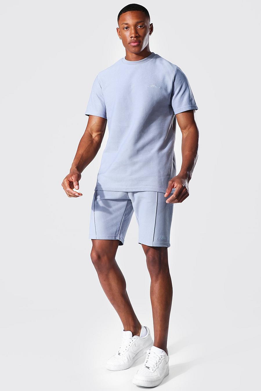 Dusty blue Man Signature T-shirt och shorts i twill image number 1