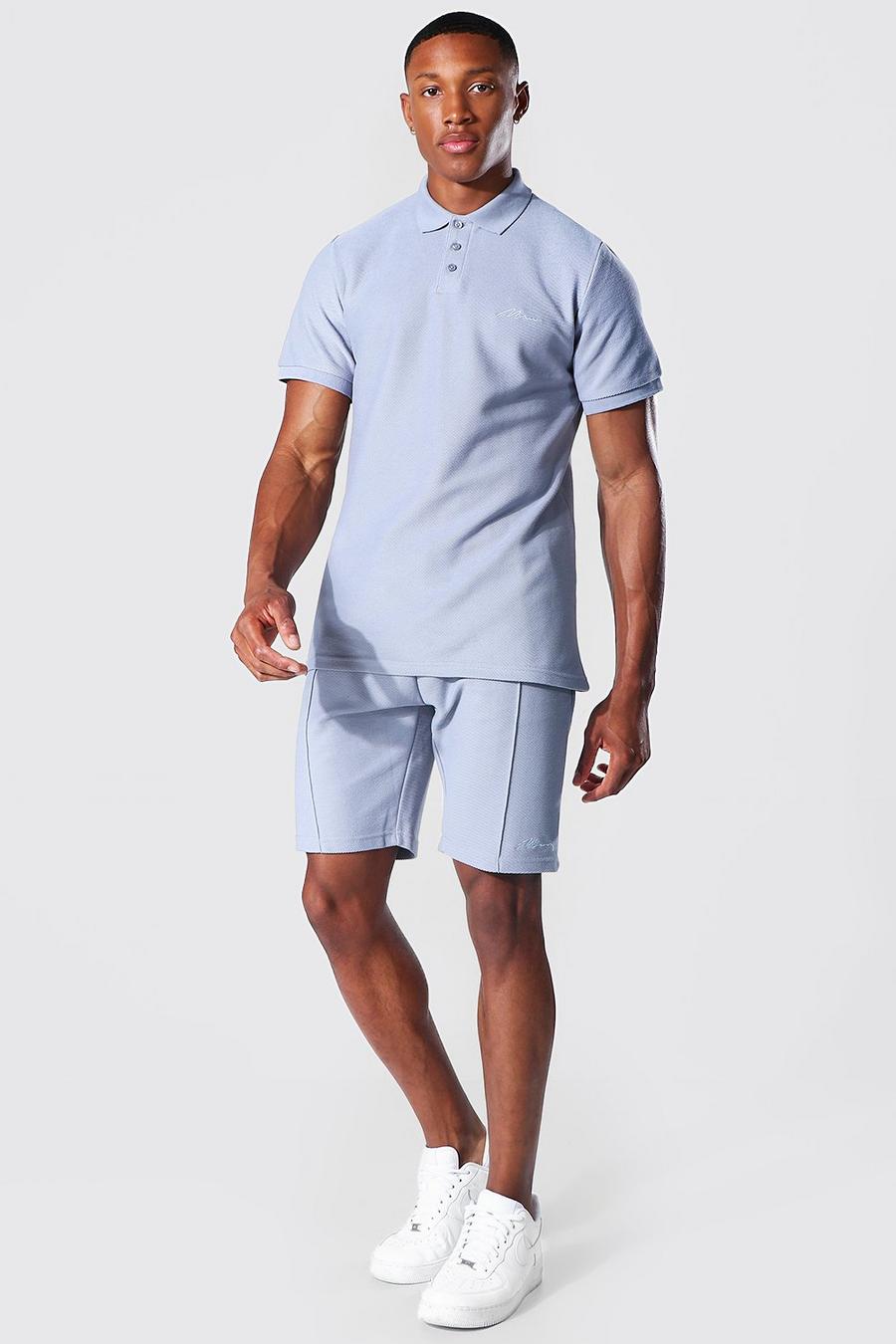 Dusty blue Man Signature Twill Polo Pintuck Short Set image number 1
