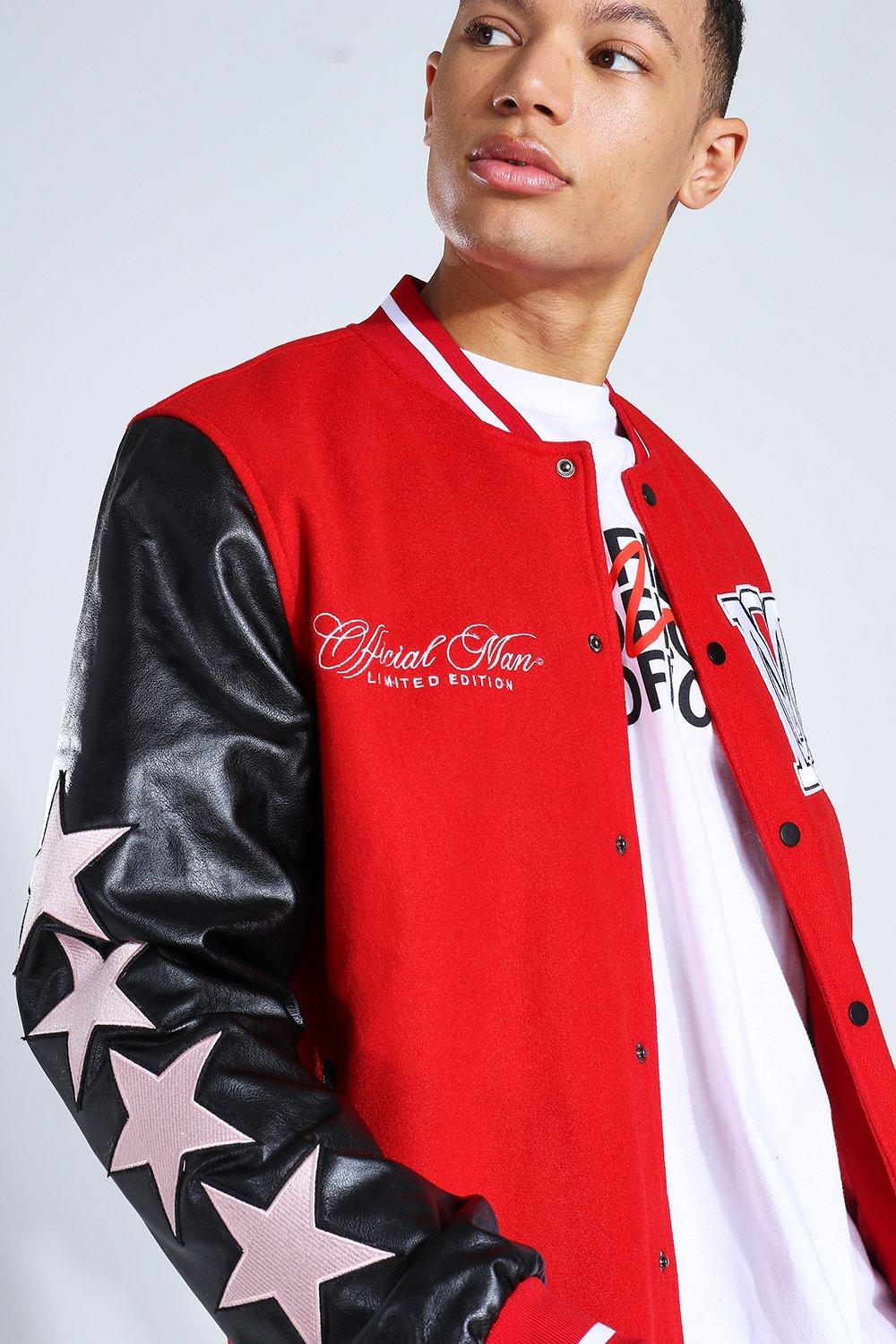 Tall Om Star Sleeve Varsity Jacket | boohoo USA Tall Om Star Sleeve Varsity Jacket | boohoo USA