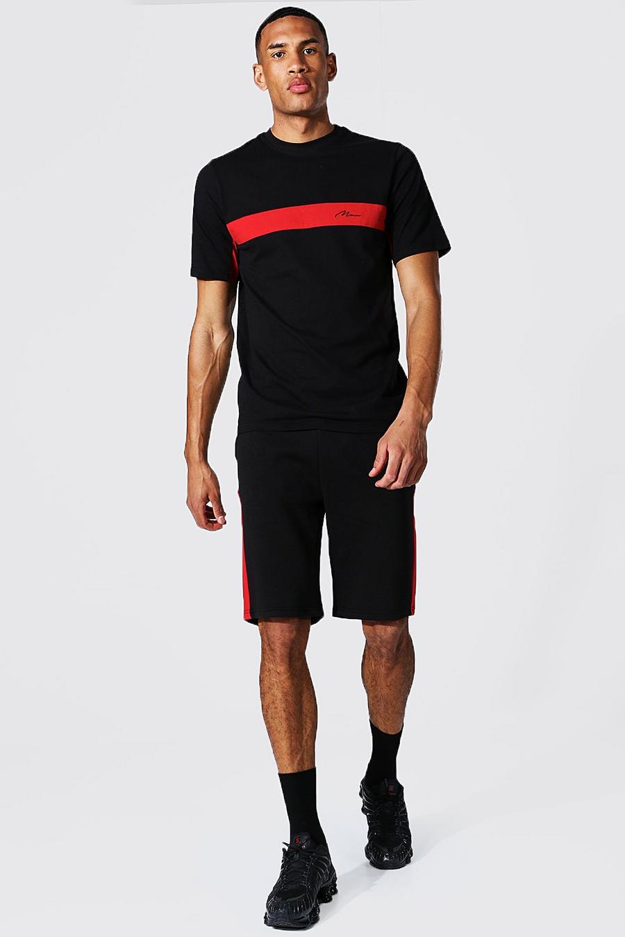 Black Tall Colour Block Man T-Shirt En Shorts Set image number 1