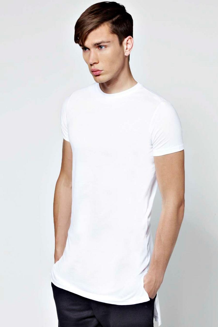 Slim Fit Longline T Shirt with Stepped Hem, White image number 1