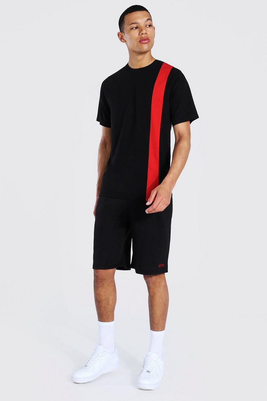 Tall Man vertikales Colorblock T-Shirt & Shorts Set, Black image number 1