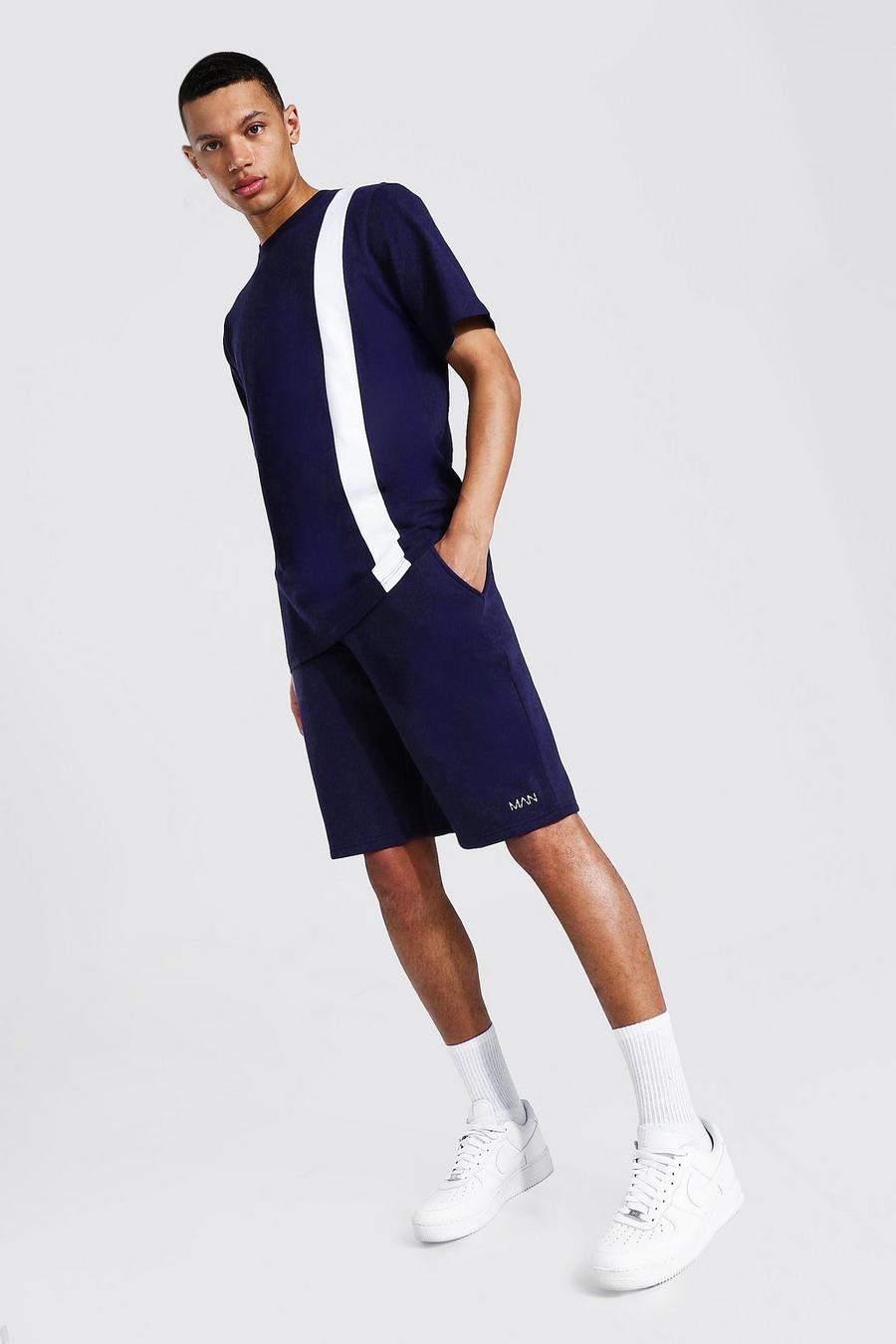 Navy Tall Vertical Colour Block Tee & Short Set image number 1
