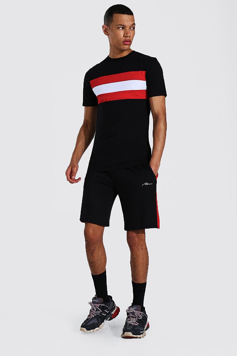 Tall Muscle Fit T-Shirt und Shorts mit Colorblock, Schwarz image number 1