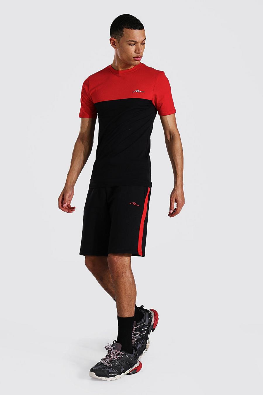 Camiseta marcada con bloques de color y pantalones cortos Tall, Rojo image number 1