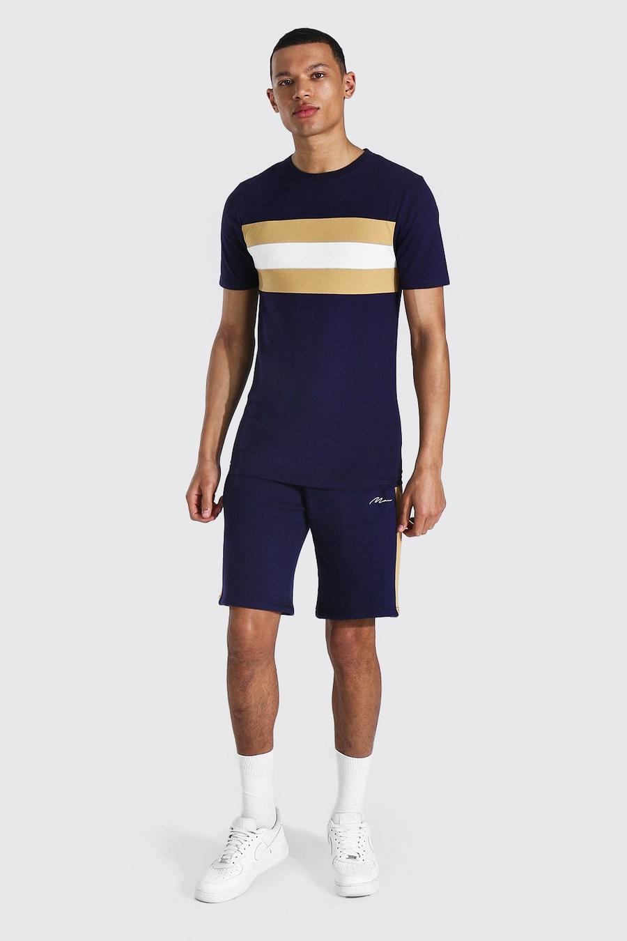 Navy Tall Colour Block Muscle Fit T-Shirt En Shorts image number 1