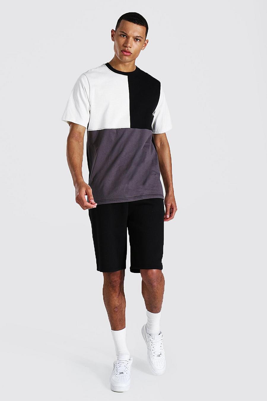 Tall Set mit T-Shirt und Shorts mit mehrfarbigem Colorblock, Grau image number 1
