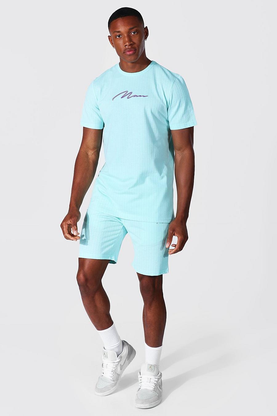 Man Signature Jacquard gestreiftes T-Shirt & Shorts Set, Aqua image number 1