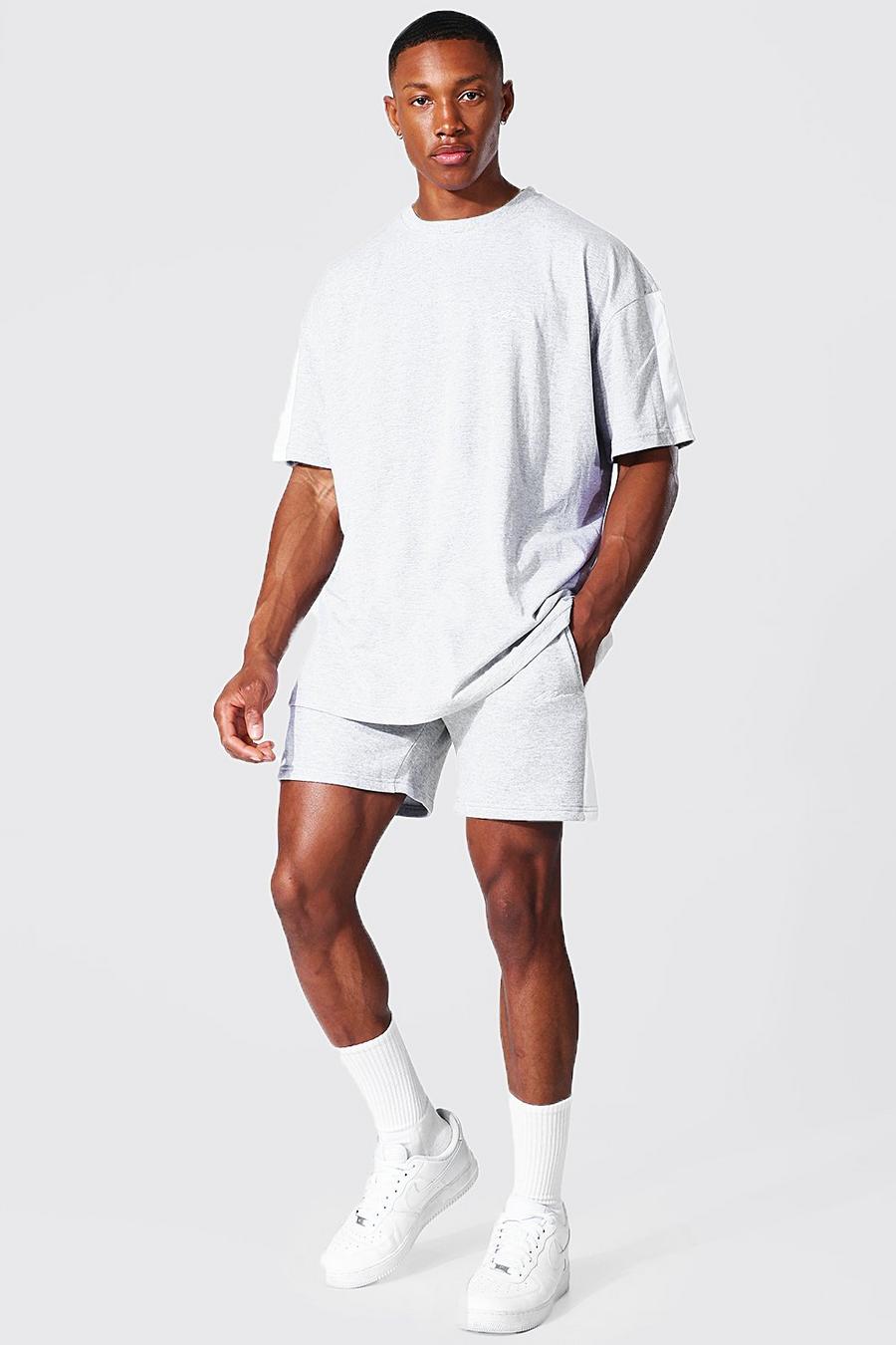 Übergroßes Set mit T-Shirt und Shorts mit seitlichem Einsatz mit Man-Print, Grau meliert image number 1