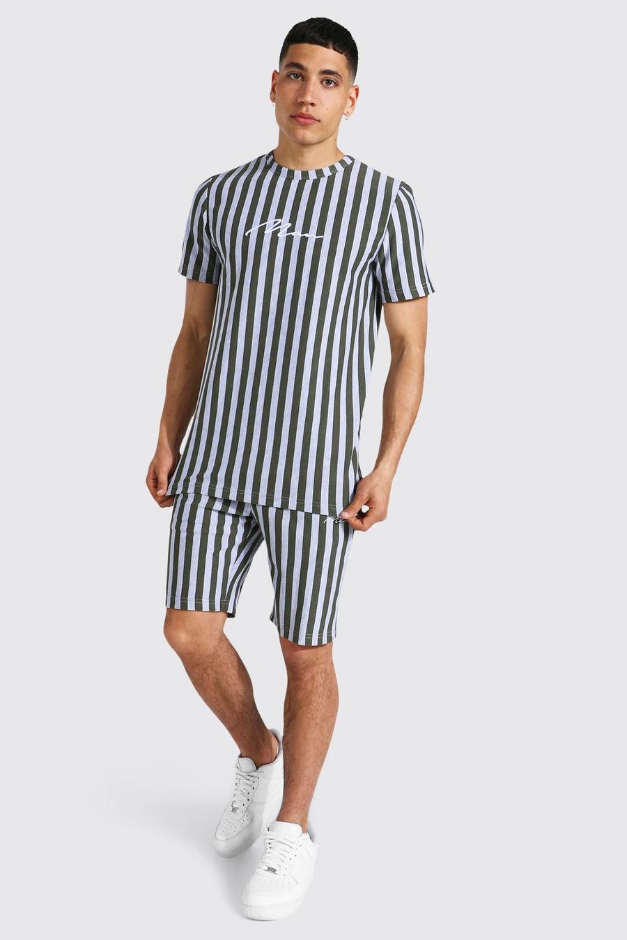 Pantalones cortos y camiseta a rayas de jacquard de la firma MAN, Caqui image number 1