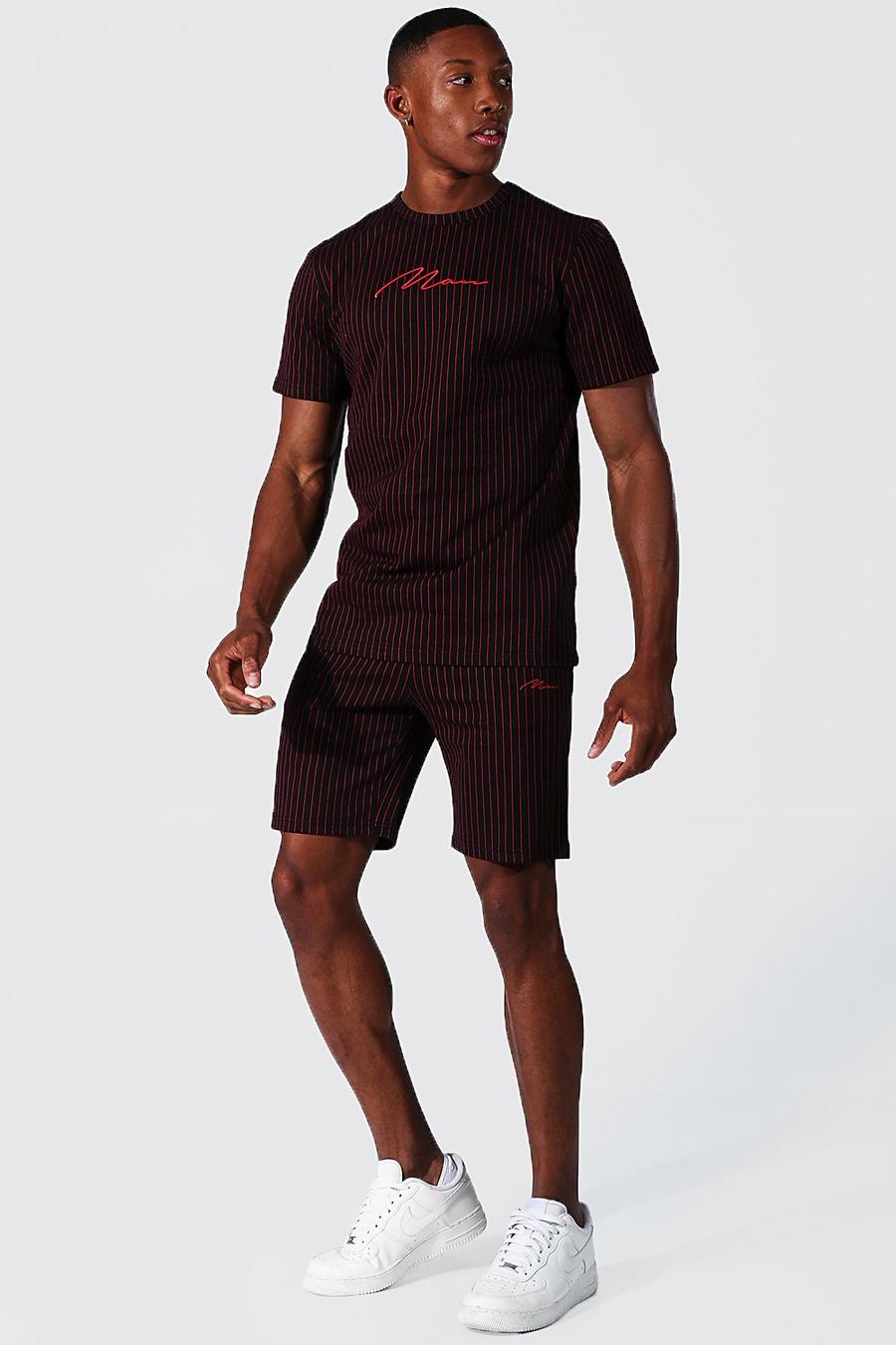 Pantalones cortos y camiseta a rayas de jacquard de la firma MAN, Negro image number 1