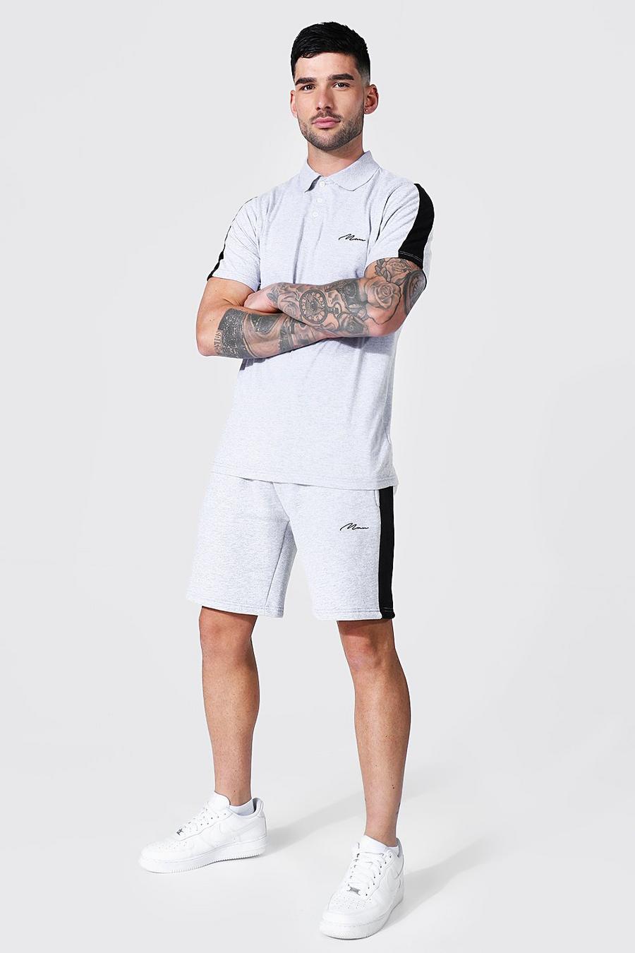 Slim Man Poloshirt mit Seitenstreifen & Shorts Set, Grey marl image number 1