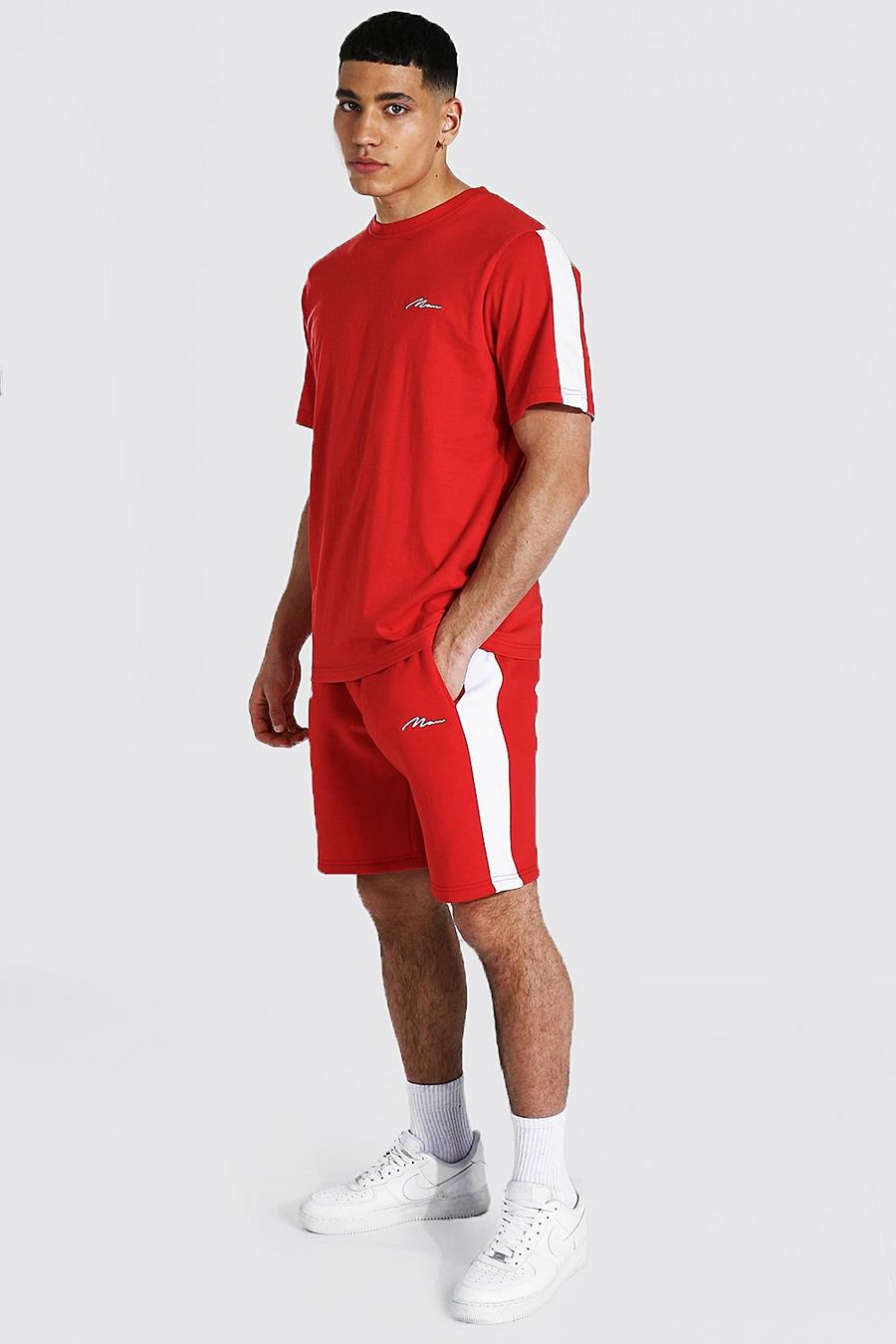 Set con t-shirt a pannelli laterali e pantaloncini con firma MAN, Rosso image number 1