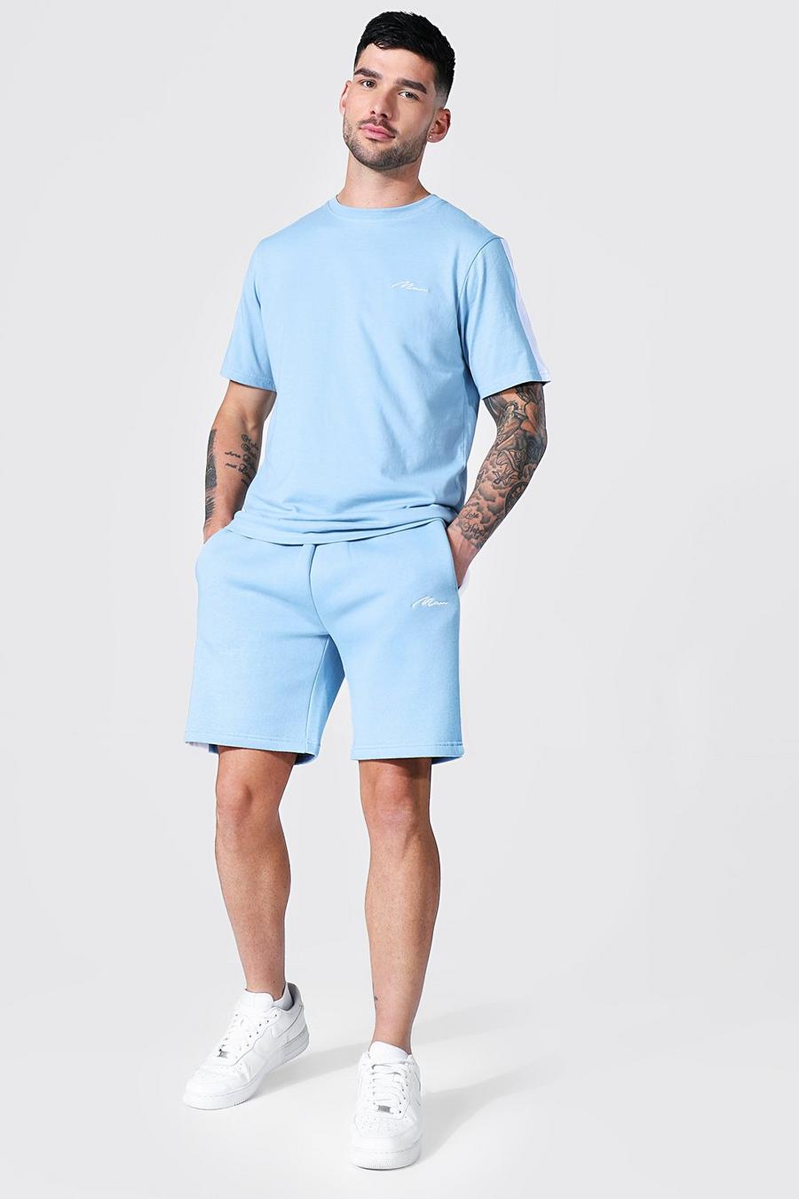 Set con t-shirt a pannelli laterali e pantaloncini con firma MAN, Azzurro pastello image number 1