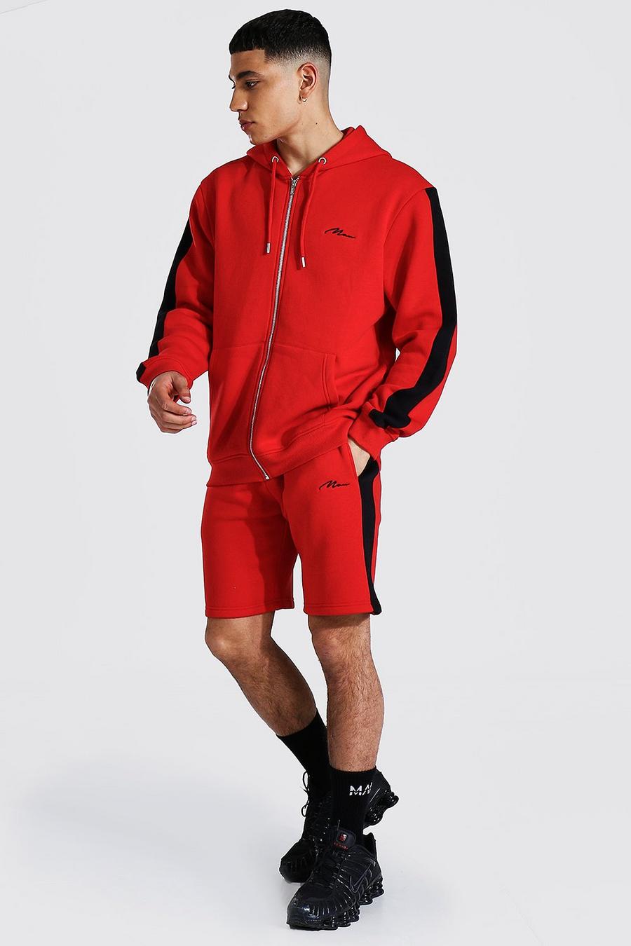 Tuta sportiva firmata MAN con pantaloncini e felpa con cappuccio e cerniera, Rosso image number 1