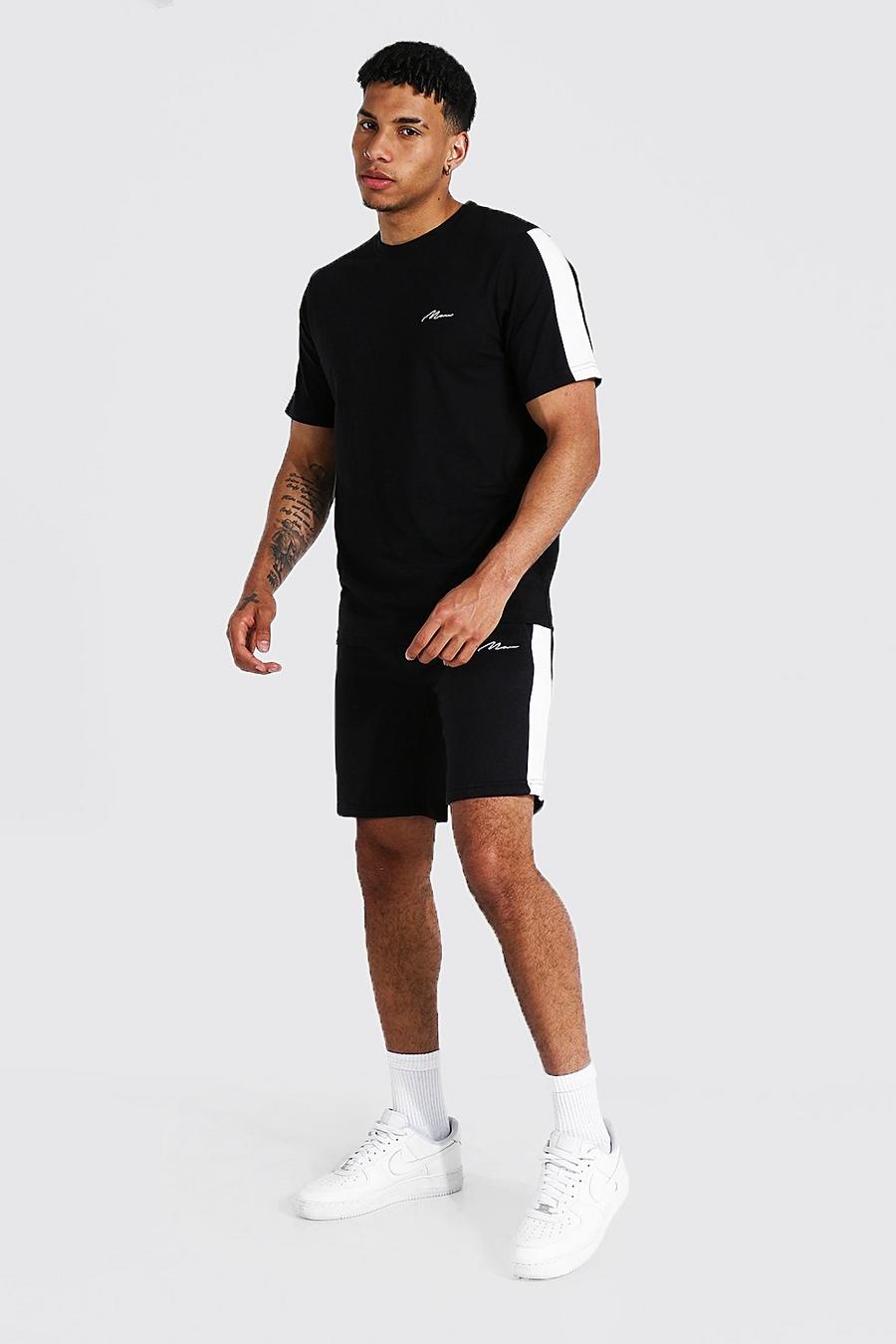 Man Signature T-Shirt & Shorts Set mit Seitenstreifen, Black image number 1
