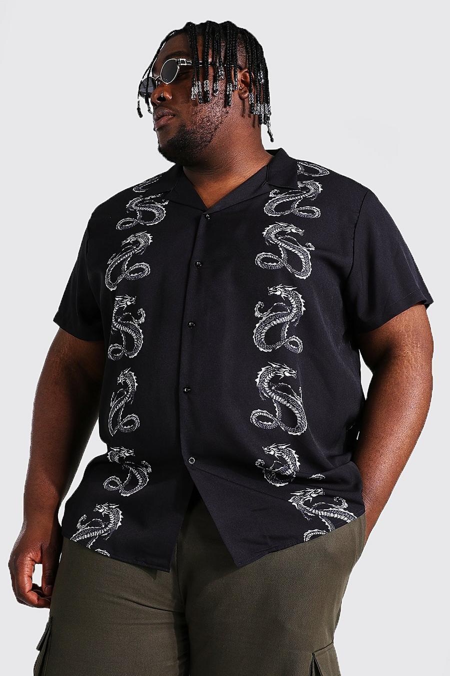 Camisa de manga corta con estampado de dragón Plus, Negro image number 1