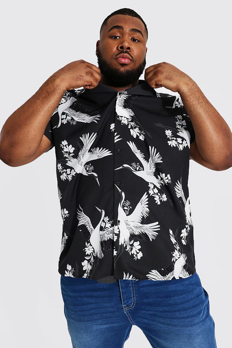 Black Plus Size Kraanvogel Overhemd Met Korte Mouwen image number 1