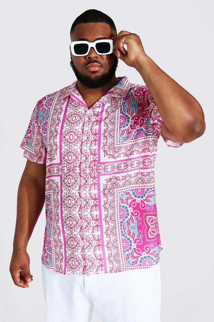 Plus Size kurzärmliges Hemd mit Barock-Print, Pink image number 1