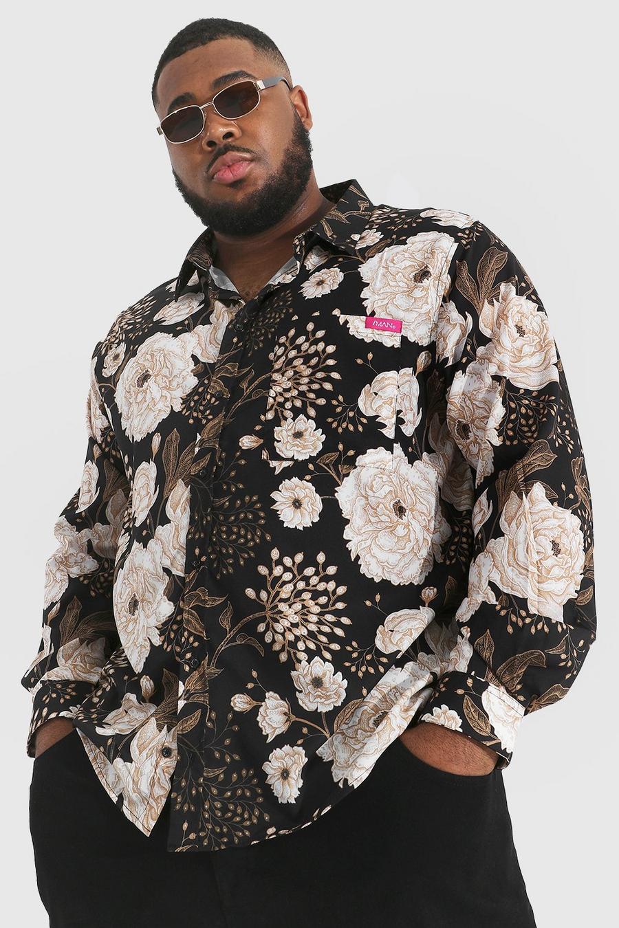 Black Plus Size Bloemenprint Overhemd Met Lange Mouwen image number 1