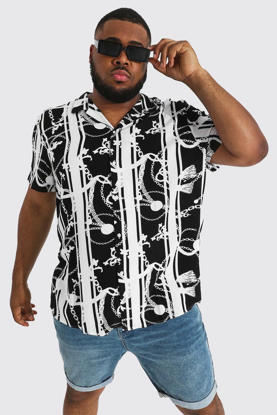 Black Plus Size Kettingprint Overhemd Met Korte Mouwen image number 1