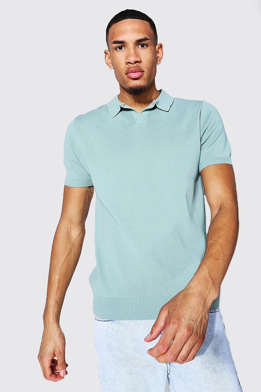 Sage Tall Short Sleeve Revere Collar Knitted Polo image number 1