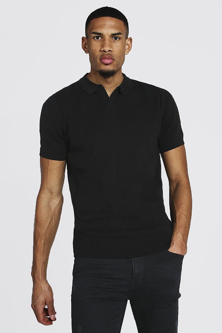 Black Tall Short Sleeve Revere Collar Knitted Polo image number 1