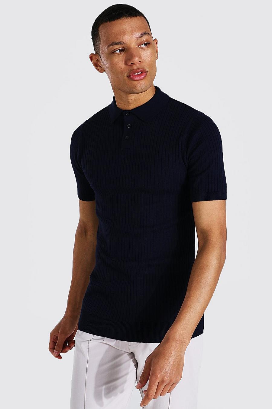 Navy Tall Muscle Fit Ribbed Knitted Polo image number 1
