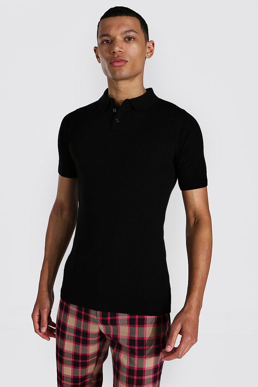 Black Tall Muscle Fit Ribbed Knitted Polo image number 1