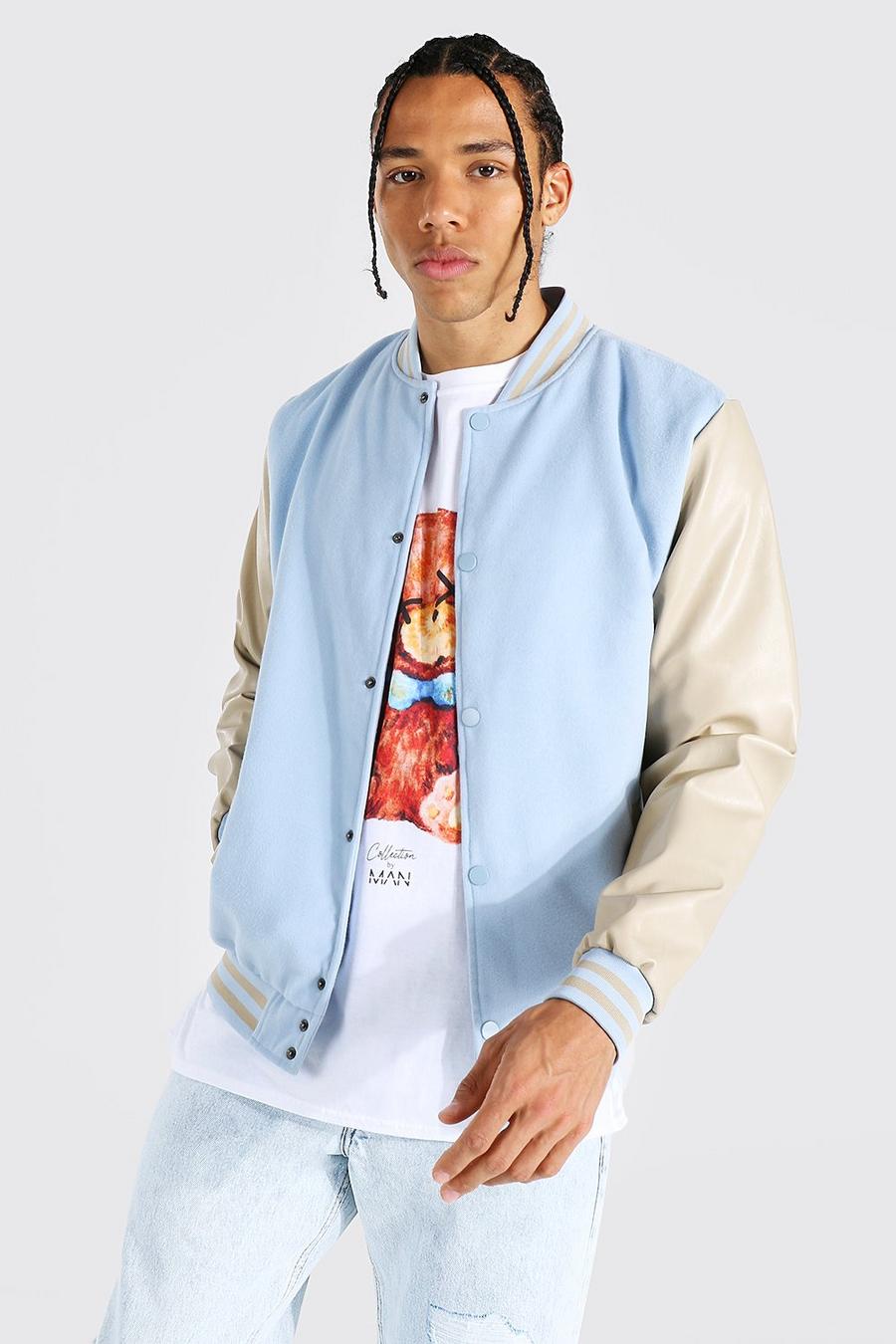 Light blue Tall Melton Bomber Jacket With Pu Sleeves image number 1