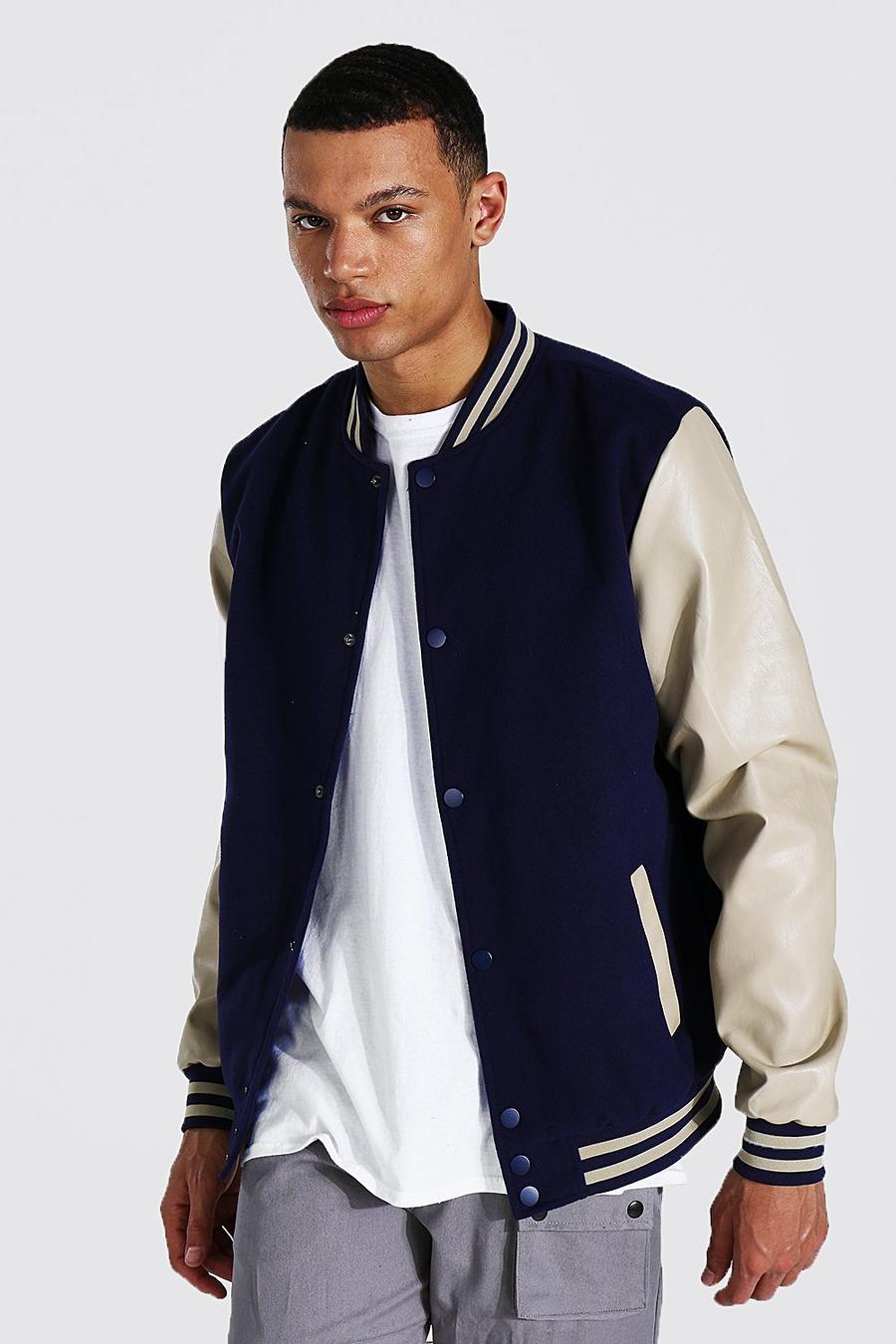 Navy Tall Melton Bomber Jacket With Pu Sleeves image number 1