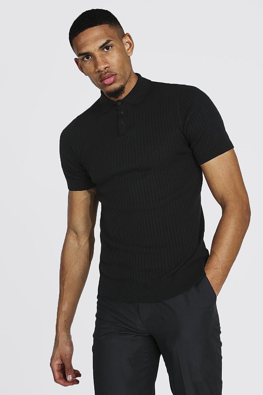 שחור חולצת פולו קצרה סרוגה, לגברים גבוהים  image number 1