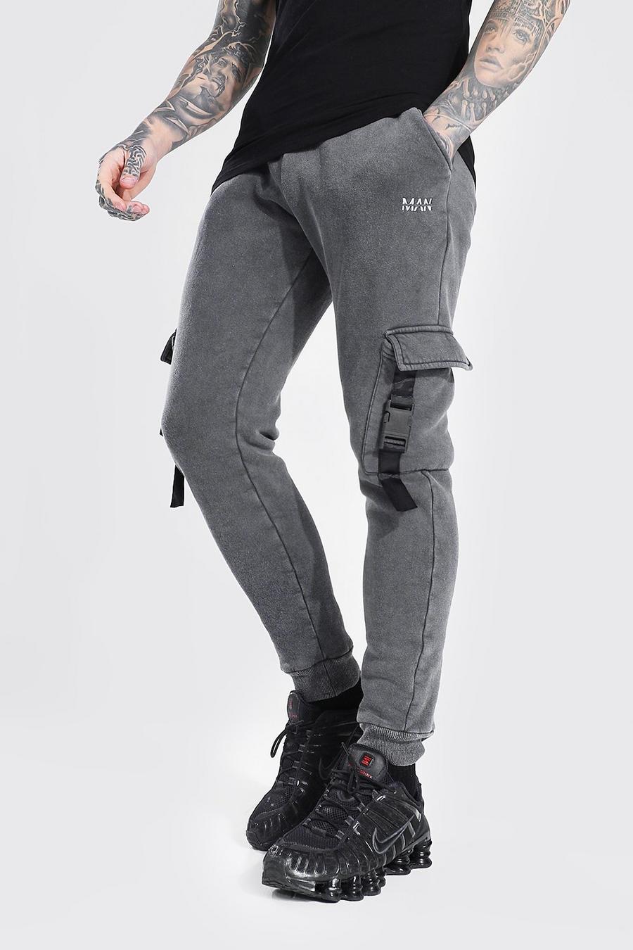 פחם מכנסי ריצה סקיני דגמ"ח אסיד ווש בסגנון שימושי עם הדפס MAN image number 1