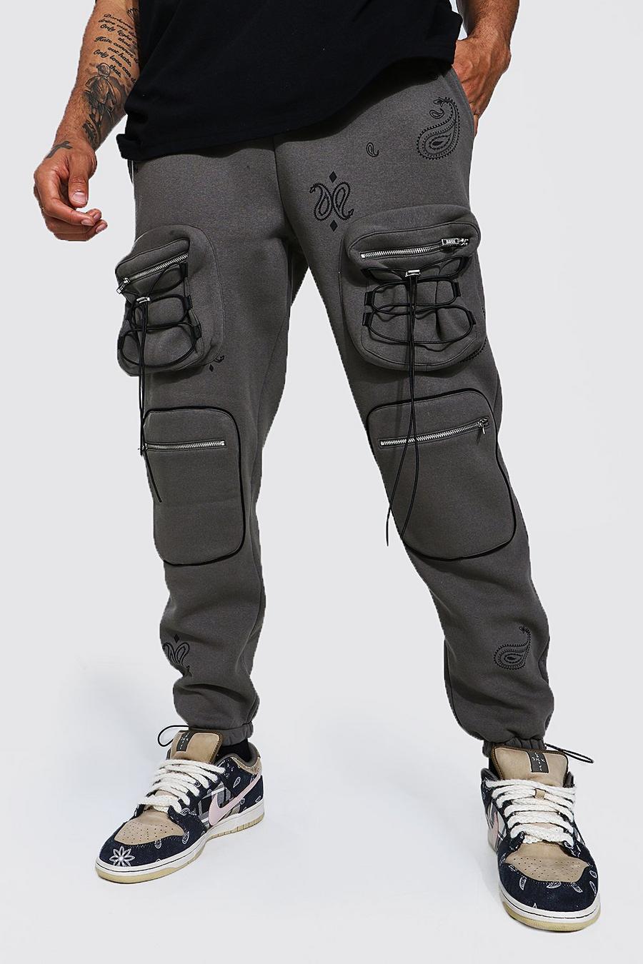Pantaloni tuta cargo utility con ricamo bandana, Kaki image number 1