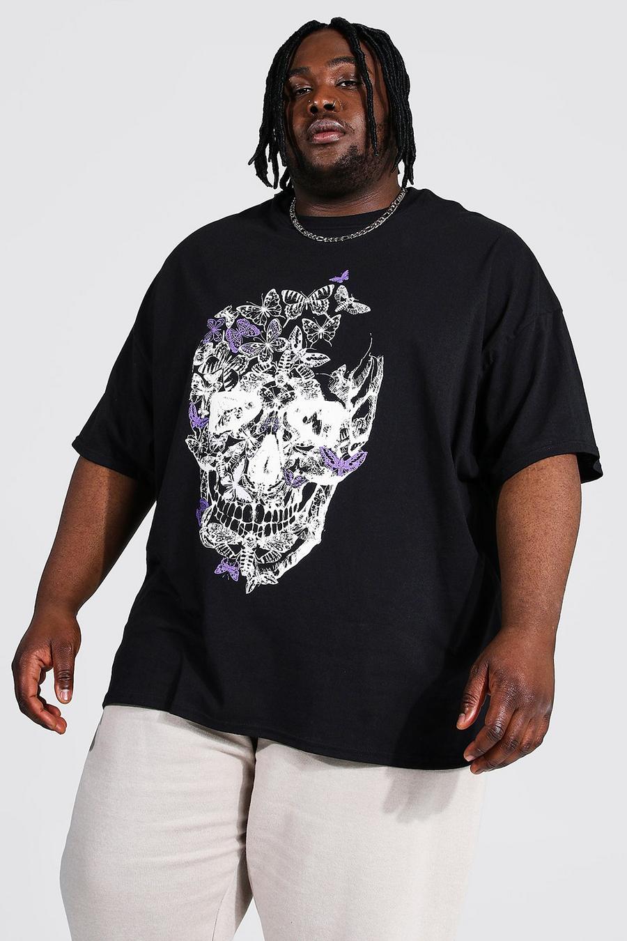 Black Plus size - T-shirt med dödskalle och blommor image number 1