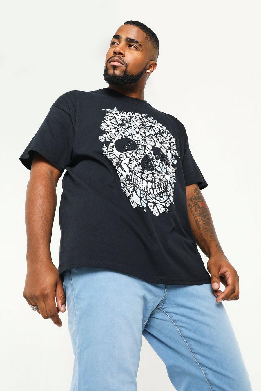 Black Plus Size Bloemenprint Schedel T-Shirt image number 1