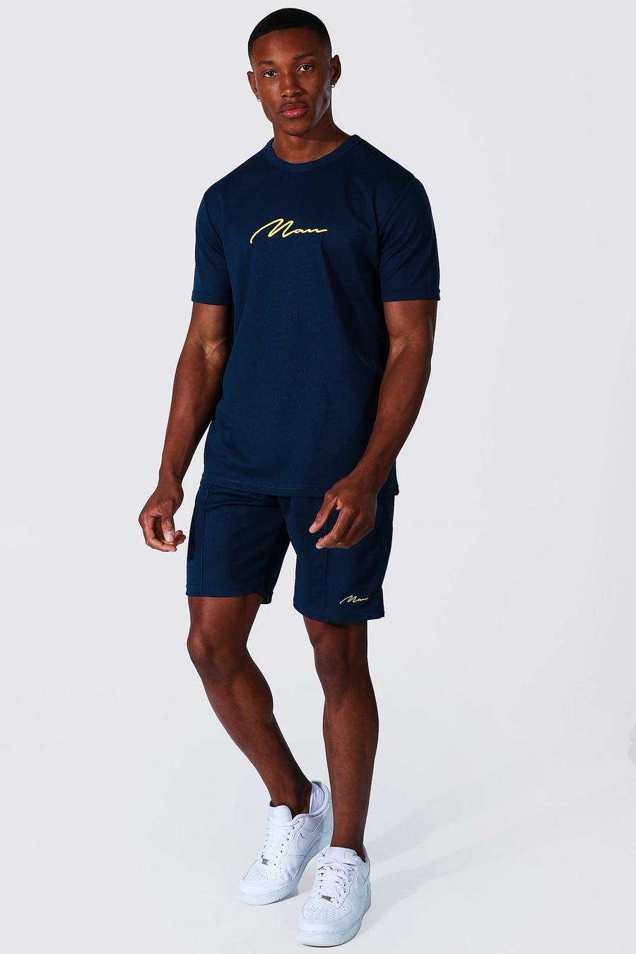 Navy Man Signature Wafel Gebreid T-Shirt En Shorts Met Biezen image number 1