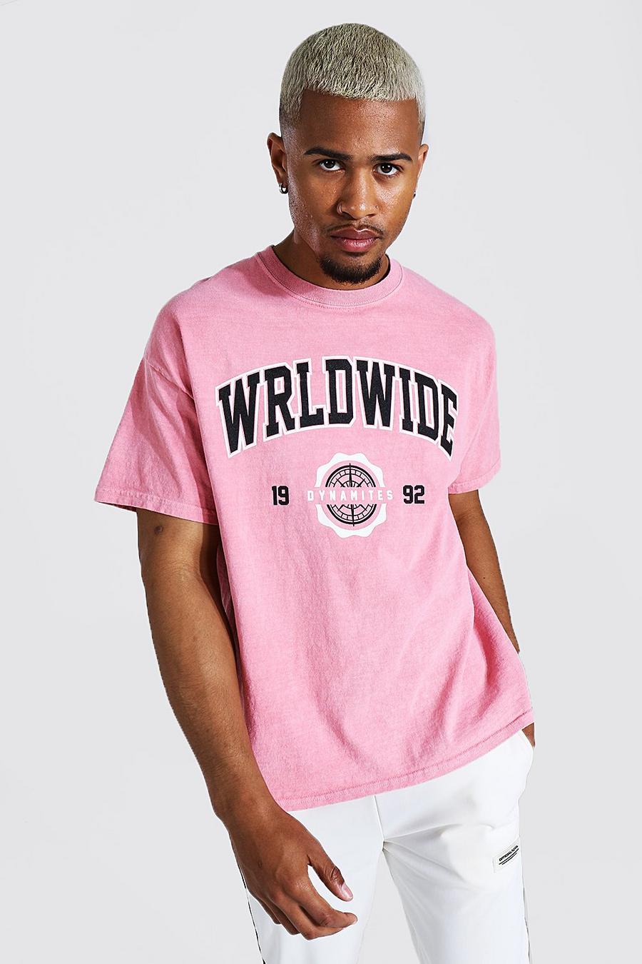 Gefärbtes T-Shirt mit Oversize Worldwide Print, Pink rose image number 1