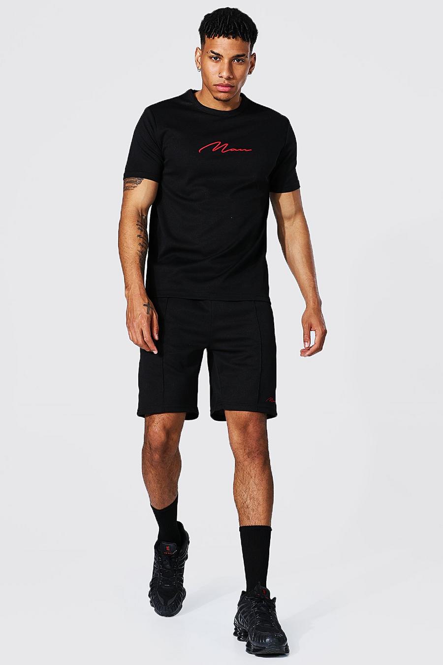 Black Man Signature Wafel Gebreid T-Shirt En Shorts Met Biezen image number 1
