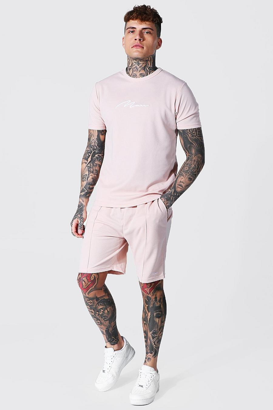 Pink Man Signature Wafel Gebreid T-Shirt En Shorts Met Biezen image number 1