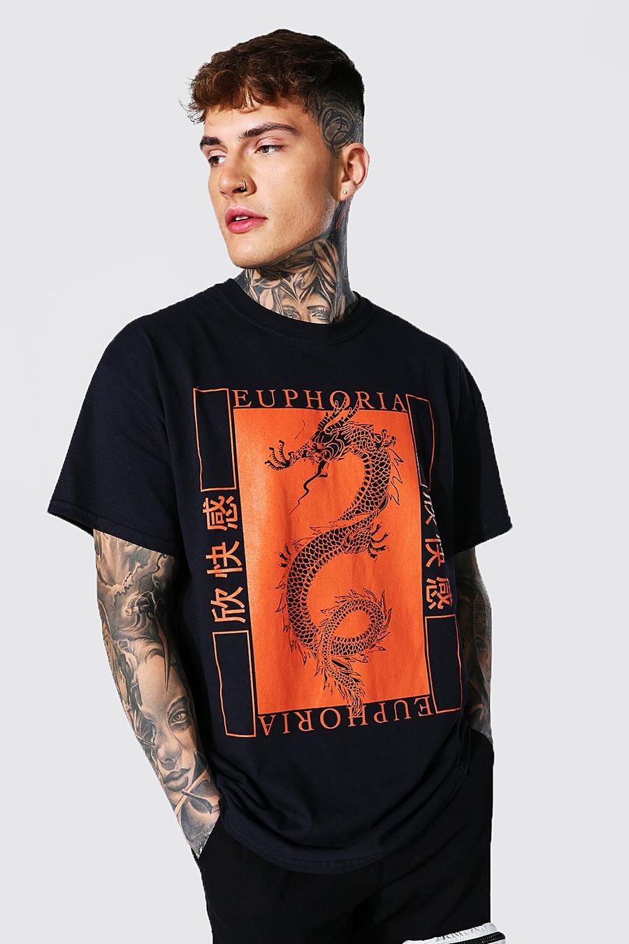 Black Oversized Euphoria T-Shirt Met Draak image number 1