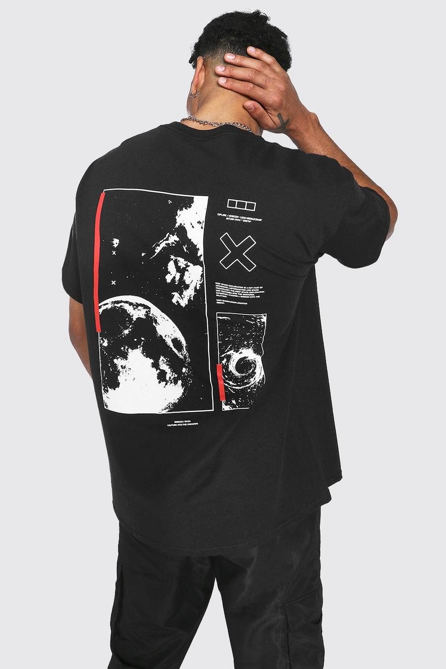 T-shirt oversize con stampa di spazio e pianeti sul retro, Nero negro