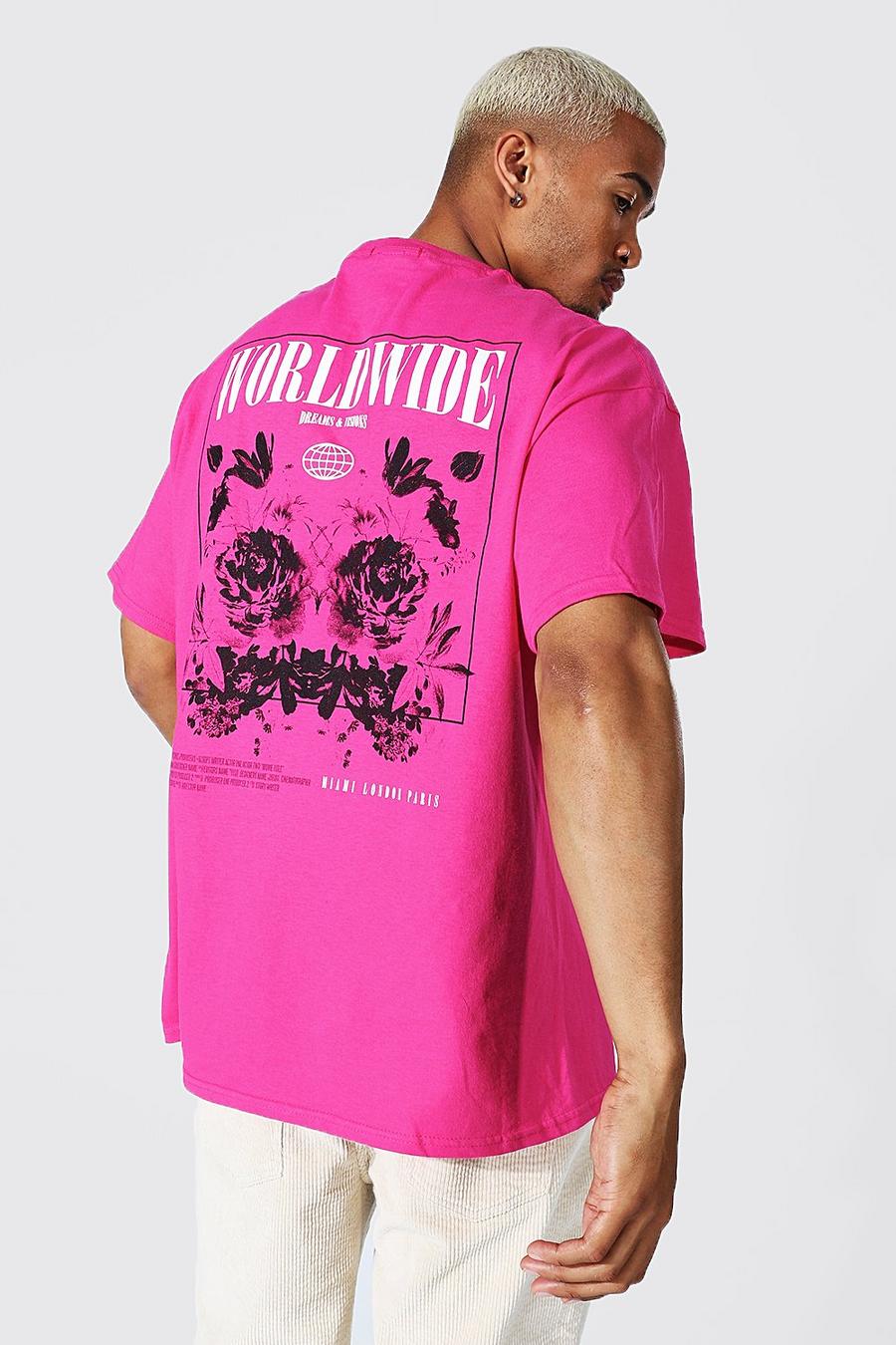 Übergroßes T-Shirt mit Blumenmuster und Worldwide-Print auf dem Rücken, Rosa image number 1