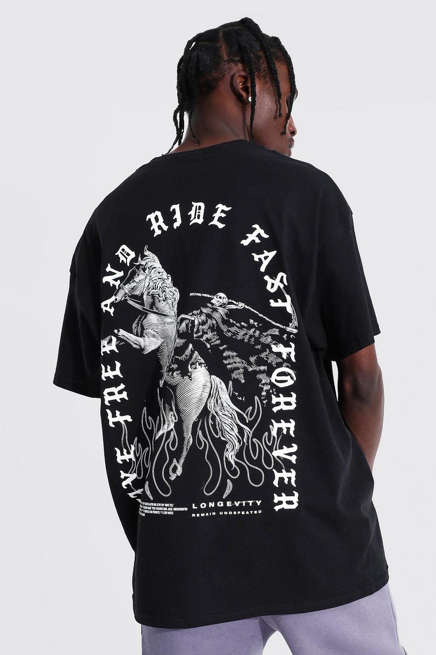 T-shirt oversize con stampa di cavallo sul retro, Nero image number 1